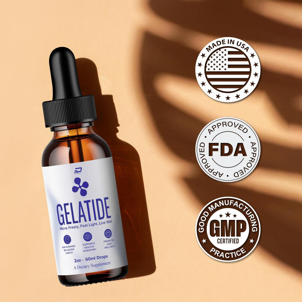 Indelo Gelatide Drops box showing five-bottle supply.