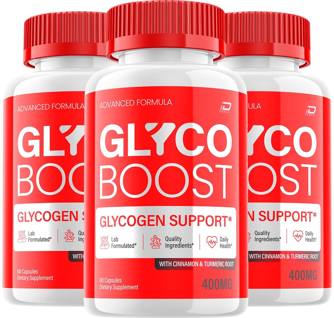 Indelo Glyco Boost capsules bottle front for daily wellness support.