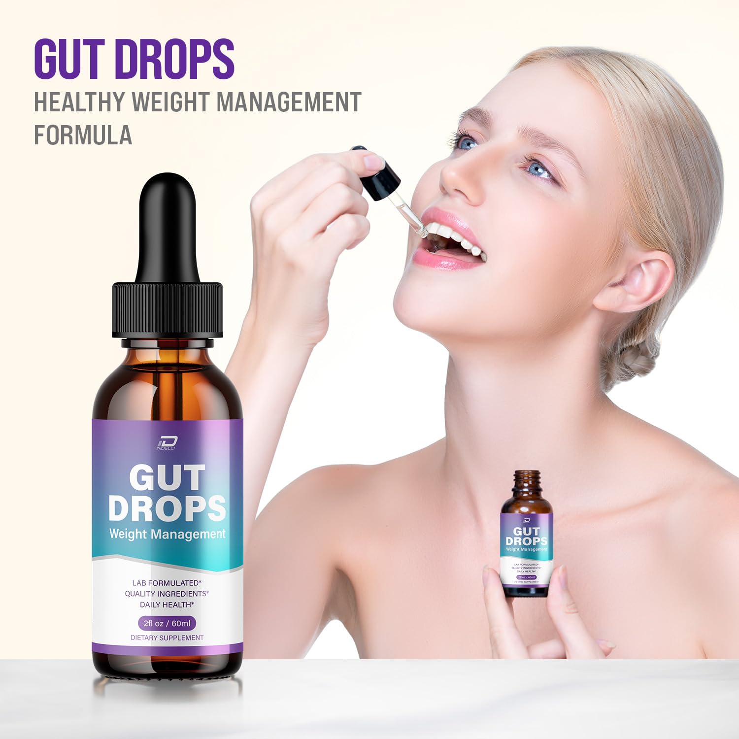 Indelo Gut Drops close-up label highlighting purity
