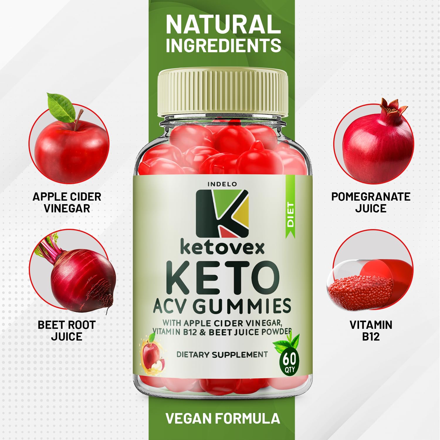 Indelo Ketovex Apple Cider Vinegar ingredients highlight ACV blend.