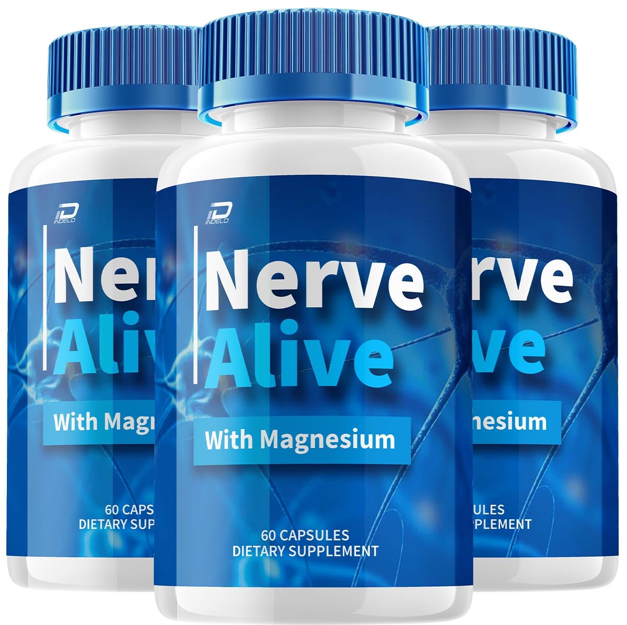 Indelo Nerve Alive bottle pack shot highlighting the all-natural supplement for daily wellness.