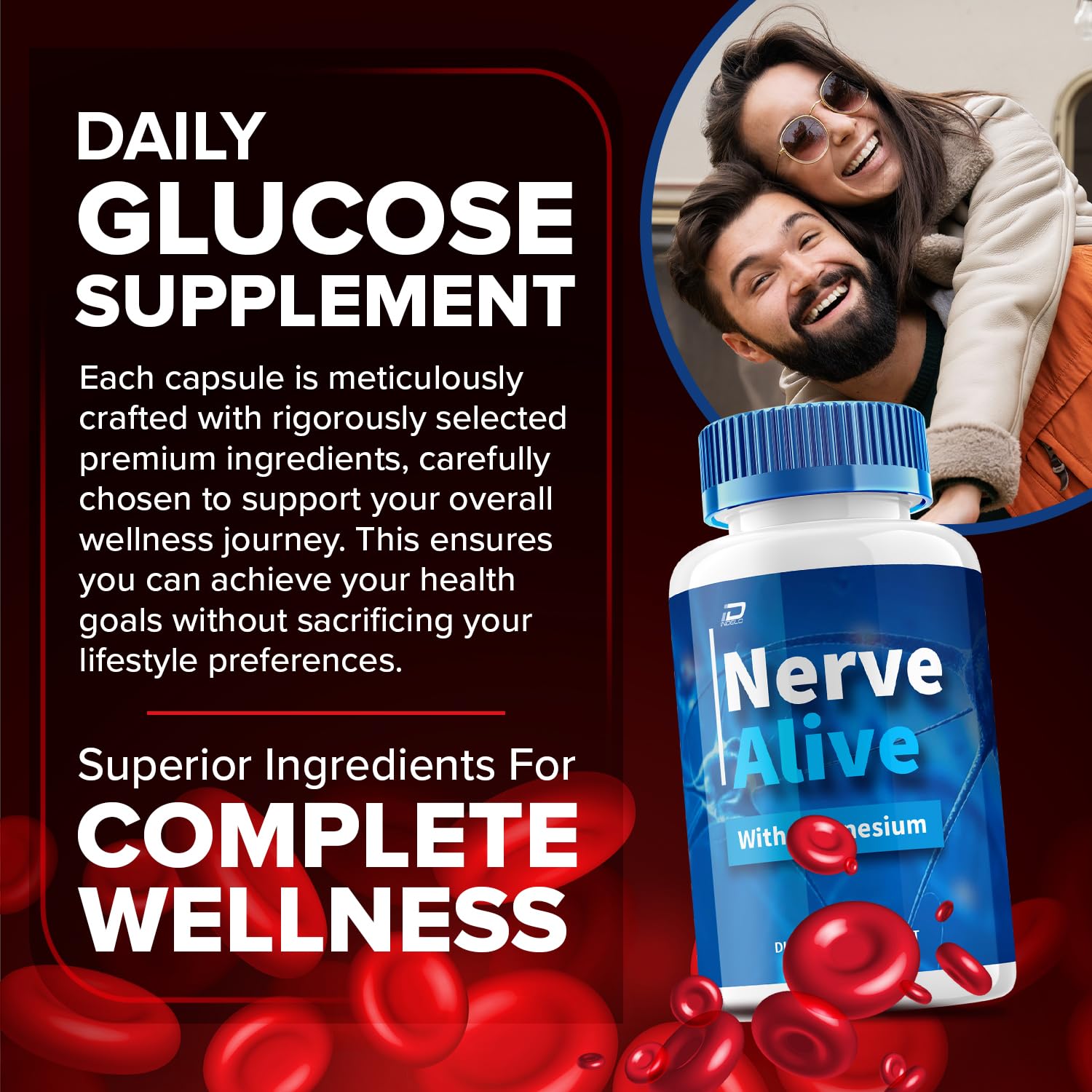 Indelo Nerve Alive capsules close-up emphasizes easy daily pills for ongoing support.
