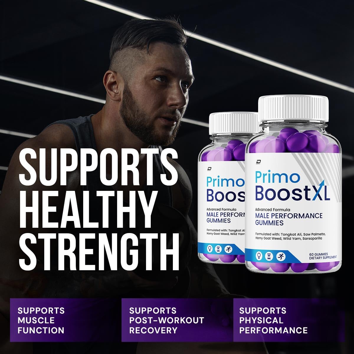 Gummies beside a glass, suggesting easy daily supplementation for Indelo Primo Boost XL.