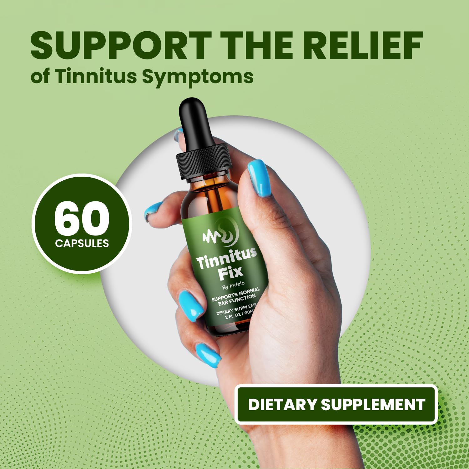 Indelo Tinnitus Fix Drops bottle being poured for easy daily use.