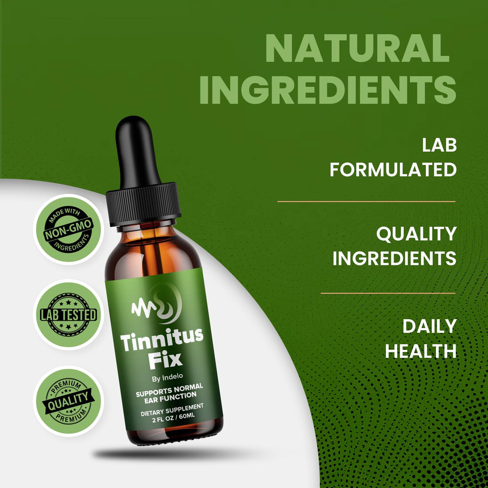 Indelo Tinnitus Fix Drops product on table for daily routine use.