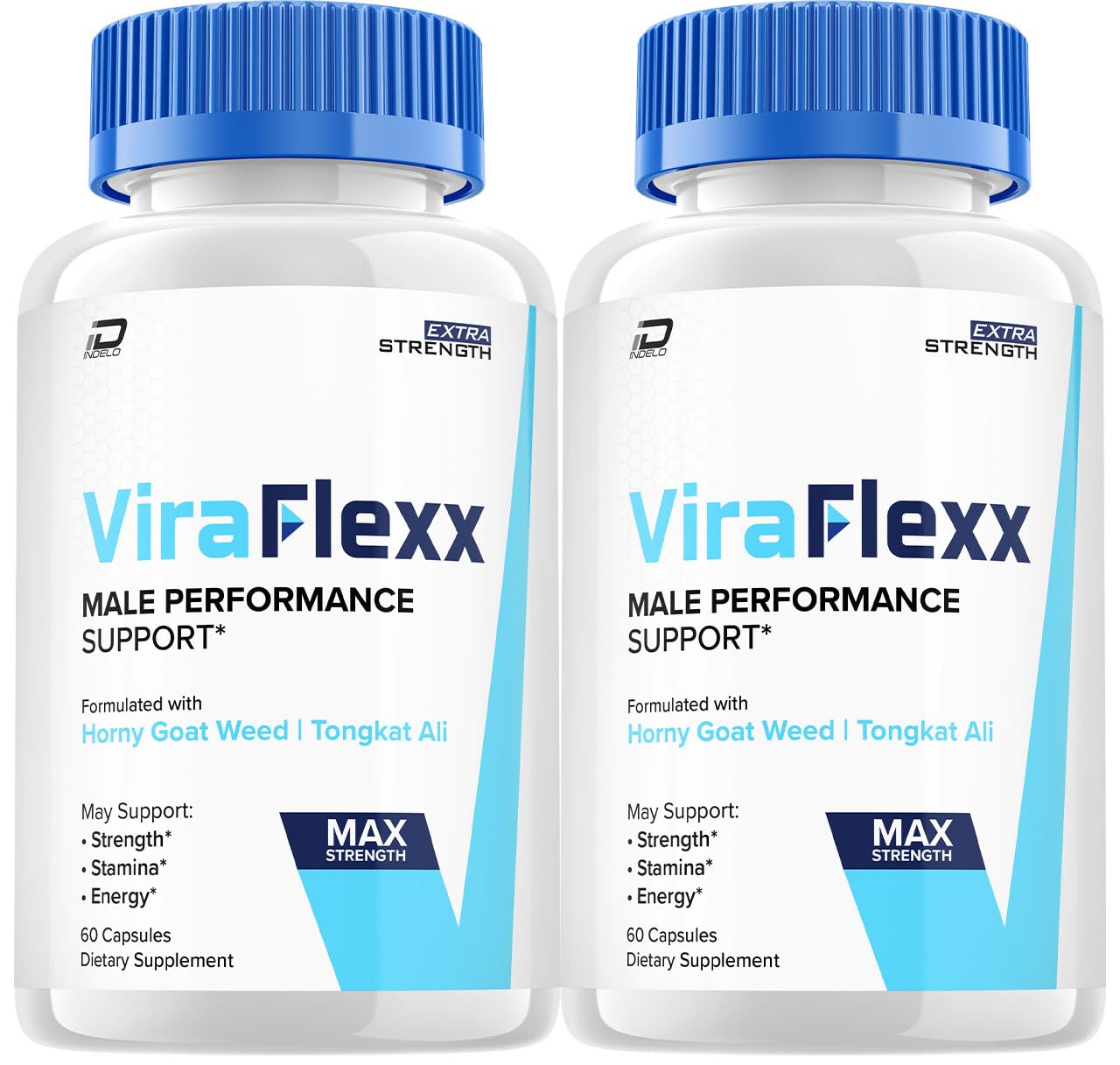 Indelo ViraFlexx capsules 2-pack bottle for daily energy support and male wellness.