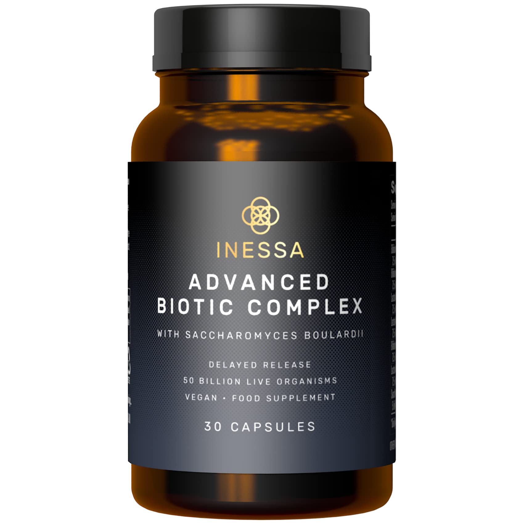 Inessa Advanced Biotic Complex bottle with delayed-release capsules for targeted gut support.
