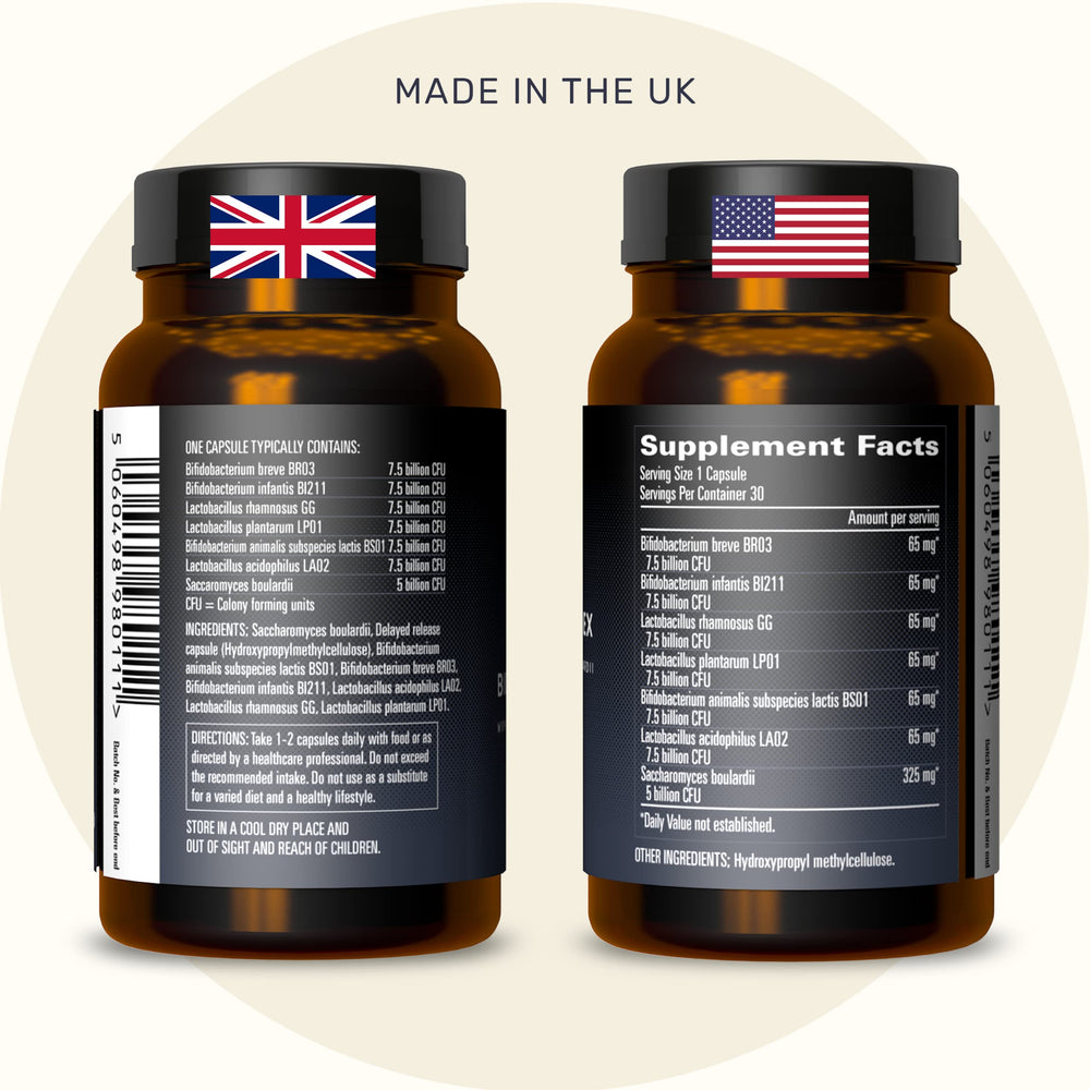 Inessa Advanced Biotic Complex capsules on white background highlighting vegan probiotic formula for gut balance.