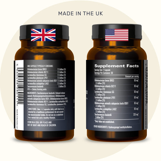 Inessa Advanced Biotic Complex capsules on white background highlighting vegan probiotic formula for gut balance.