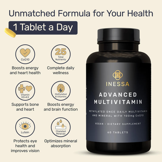 Inessa CoQ10 tablet highlighting potential energy support in vegan formula.