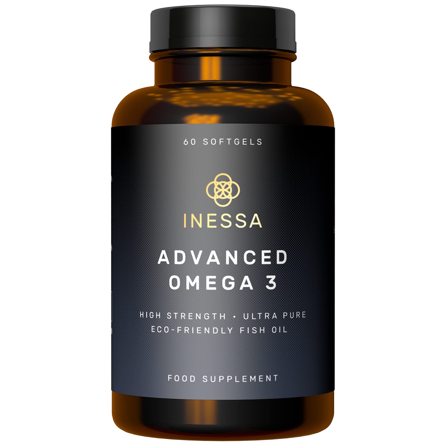 Inessa Omega3 bottle front view highlighting GMP-certified purity and eco-friendly sourcing