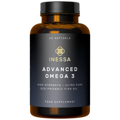Inessa Omega3 bottle front view highlighting GMP-certified purity and eco-friendly sourcing
