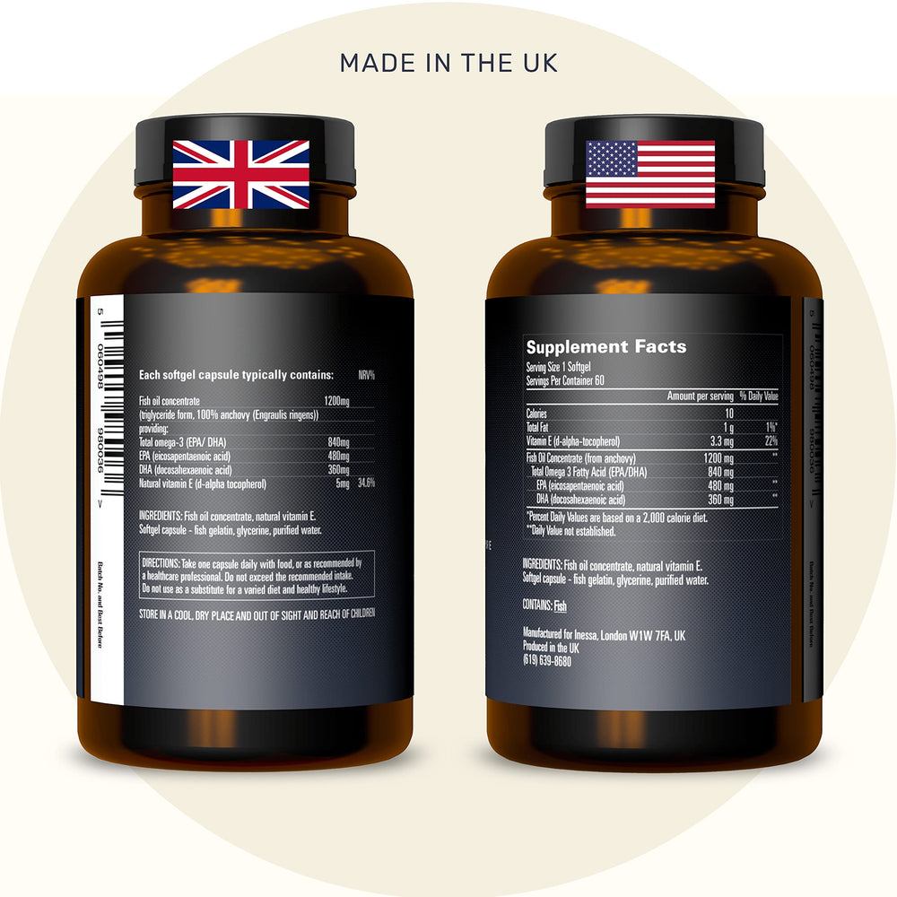 Inessa Omega3 capsules close-up showing high-strength EPA/DHA for daily use
