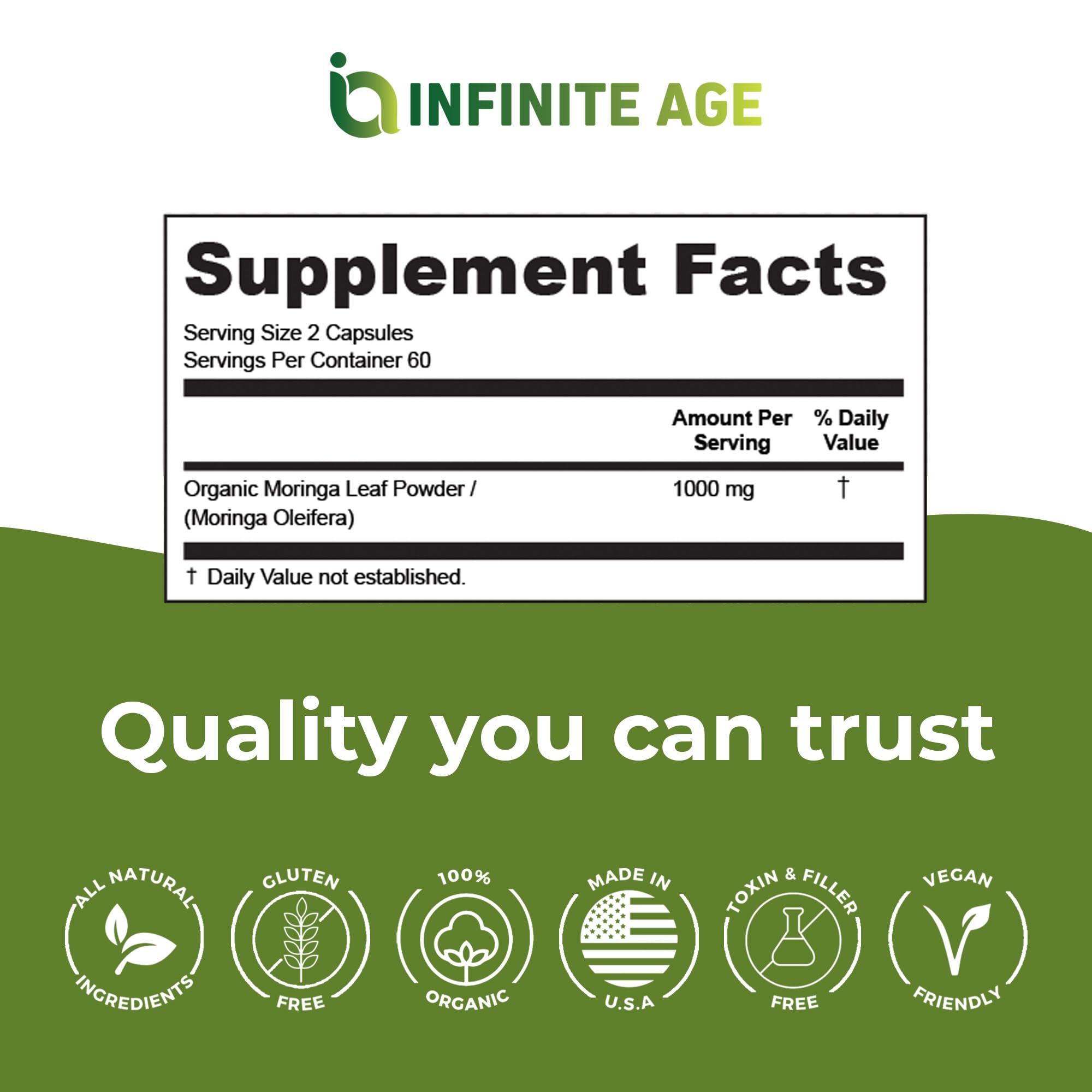Infinite Age 1000mg moringa capsules bottle ready for daily use.