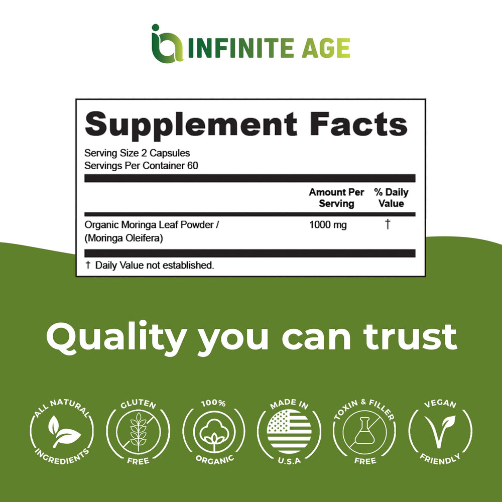 Infinite Age 1000mg moringa capsules bottle ready for daily use.