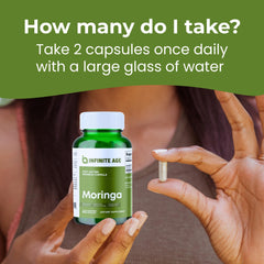 Infinite Age moringa capsules shown for easy daily routine.