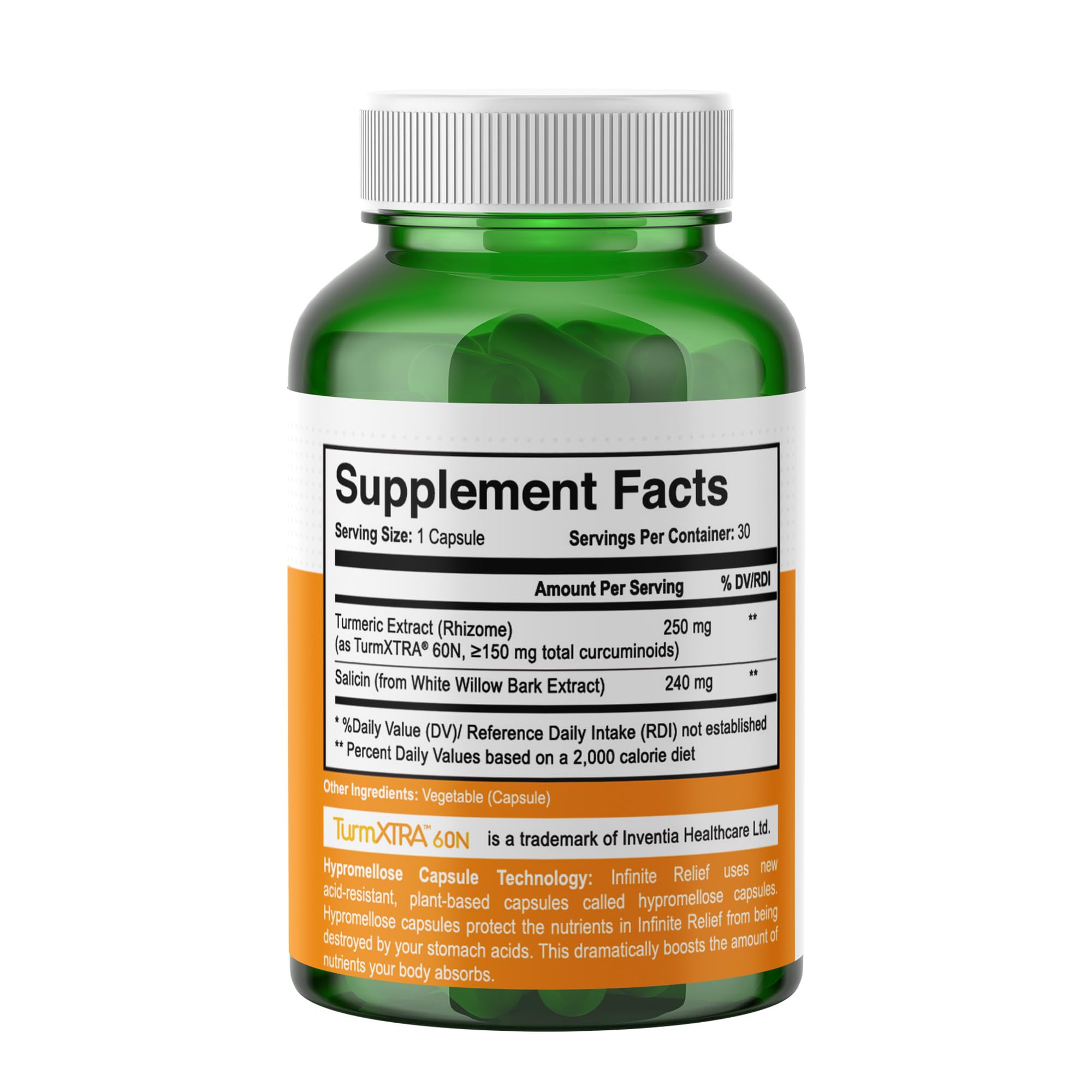 INFINITE AGE Infinite Relief capsules close-up highlights turmeric and willow bark for natural wellness