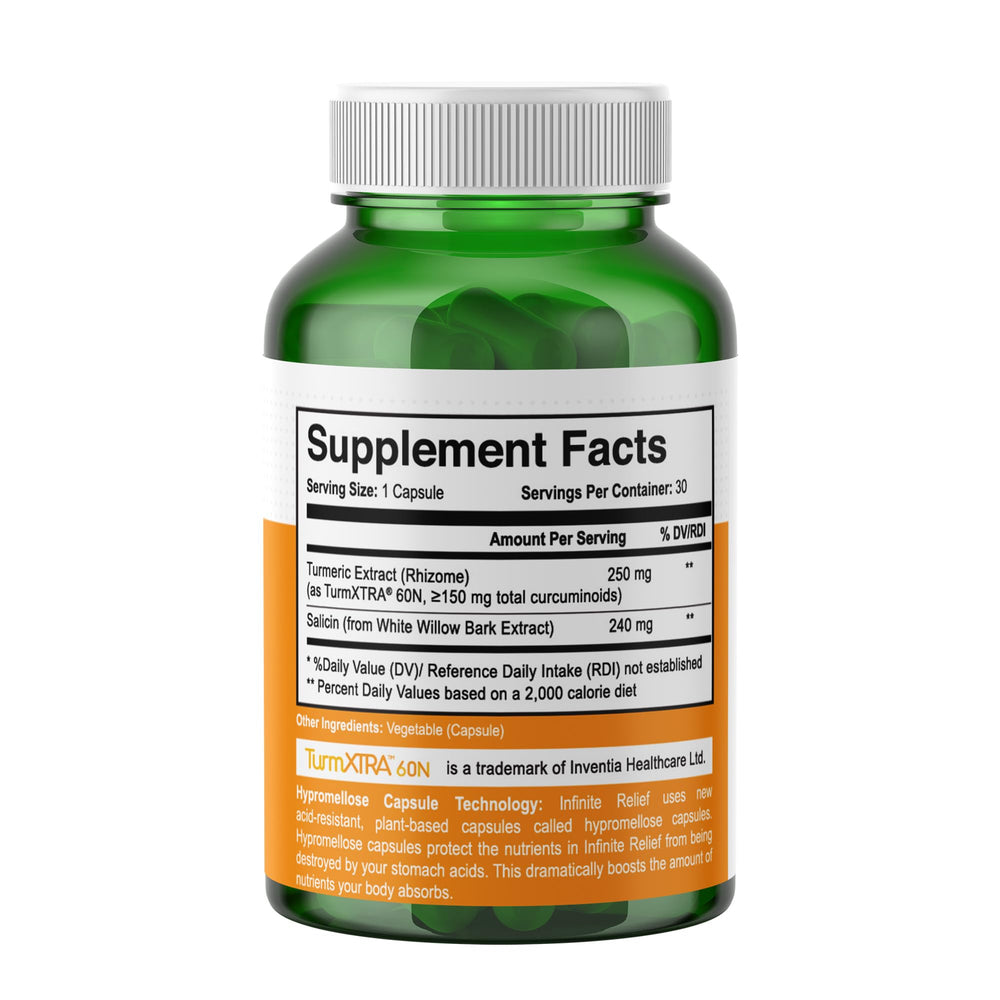 INFINITE AGE Infinite Relief capsules close-up highlights turmeric and willow bark for natural wellness