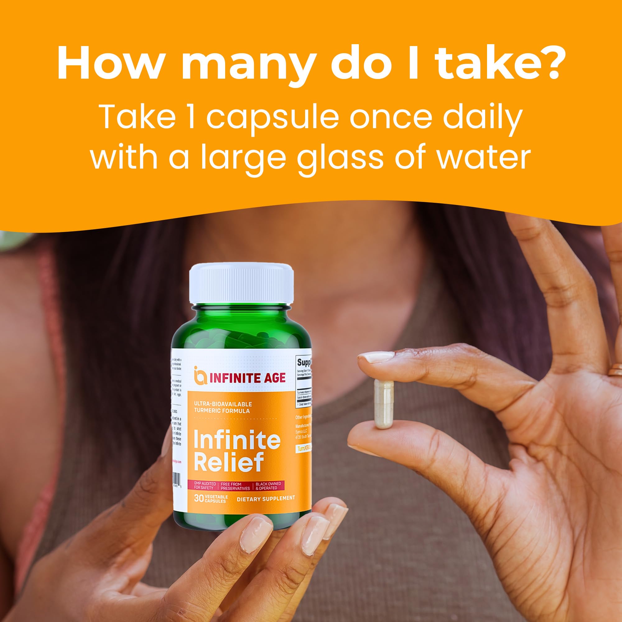INFINITE AGE Infinite Relief veggie capsules image conveys plant-based, gentle formulation