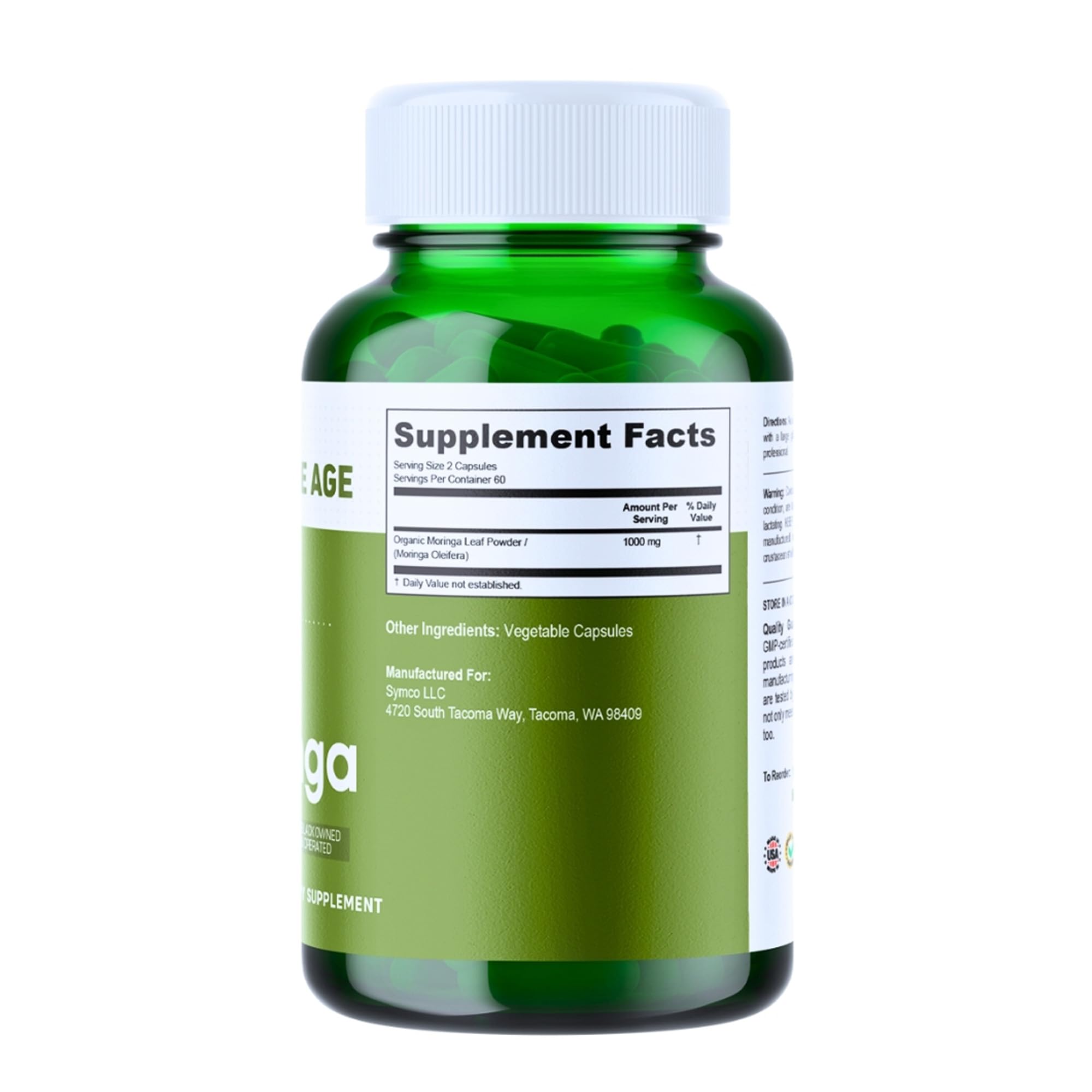 Infinite Age moringa capsules close-up showing pure powder and capsule form.