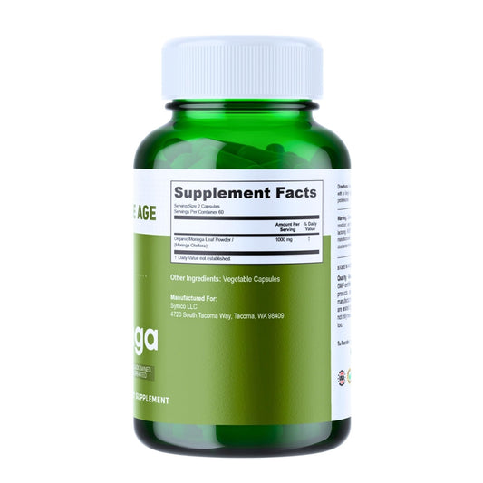 Infinite Age moringa capsules close-up showing pure powder and capsule form.