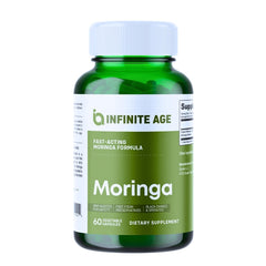Infinite Age moringa leaf capsules packaging, vegan and gluten-free labels visible.
