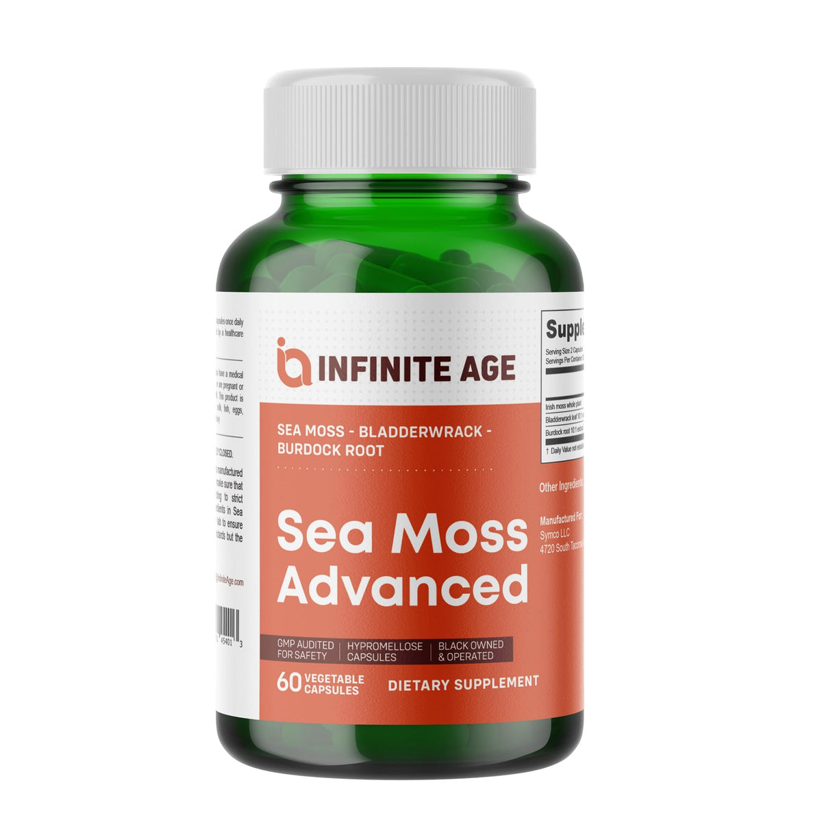 INFINITE AGE Sea Moss Capsules bottle front highlights daily vegan wellness.