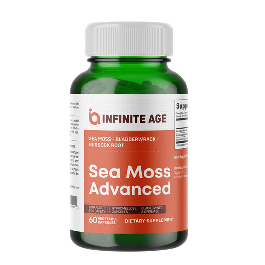 INFINITE AGE Sea Moss Capsules bottle front highlights daily vegan wellness.