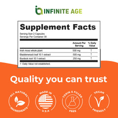 INFINITE AGE burdock root capsule image signals earthy plant-based nourishment.