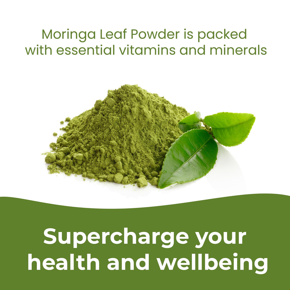 Infinite Age vegan gluten-free moringa packaging emphasizes all-natural ingredients.