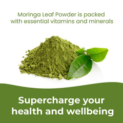 Infinite Age vegan gluten-free moringa packaging emphasizes all-natural ingredients.