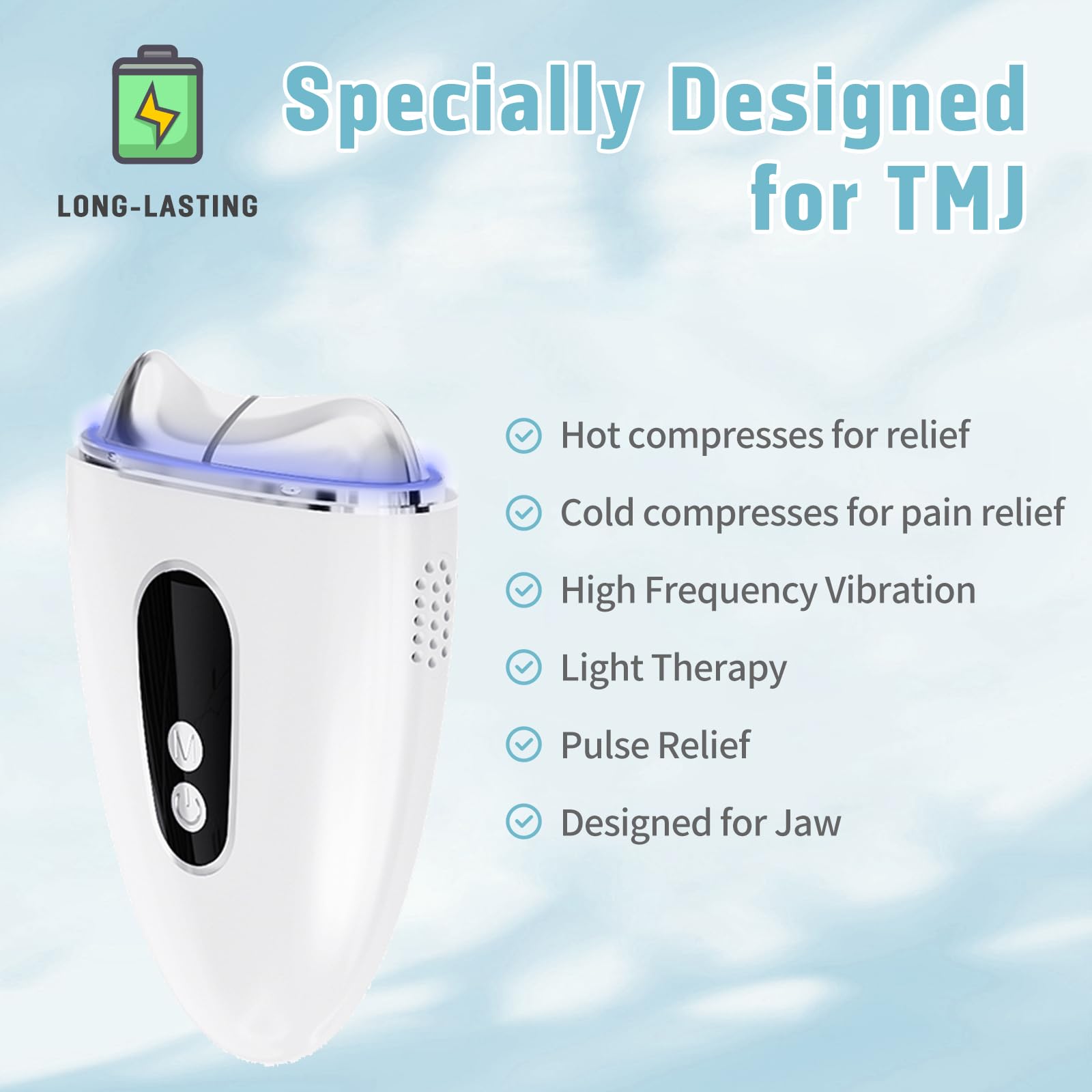 InfiniteRelax compact ergonomic tool in use near jaw and neck for targeted relief.