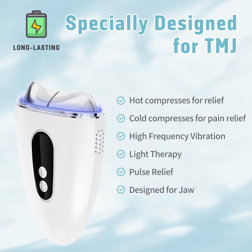 InfiniteRelax compact ergonomic tool in use near jaw and neck for targeted relief.