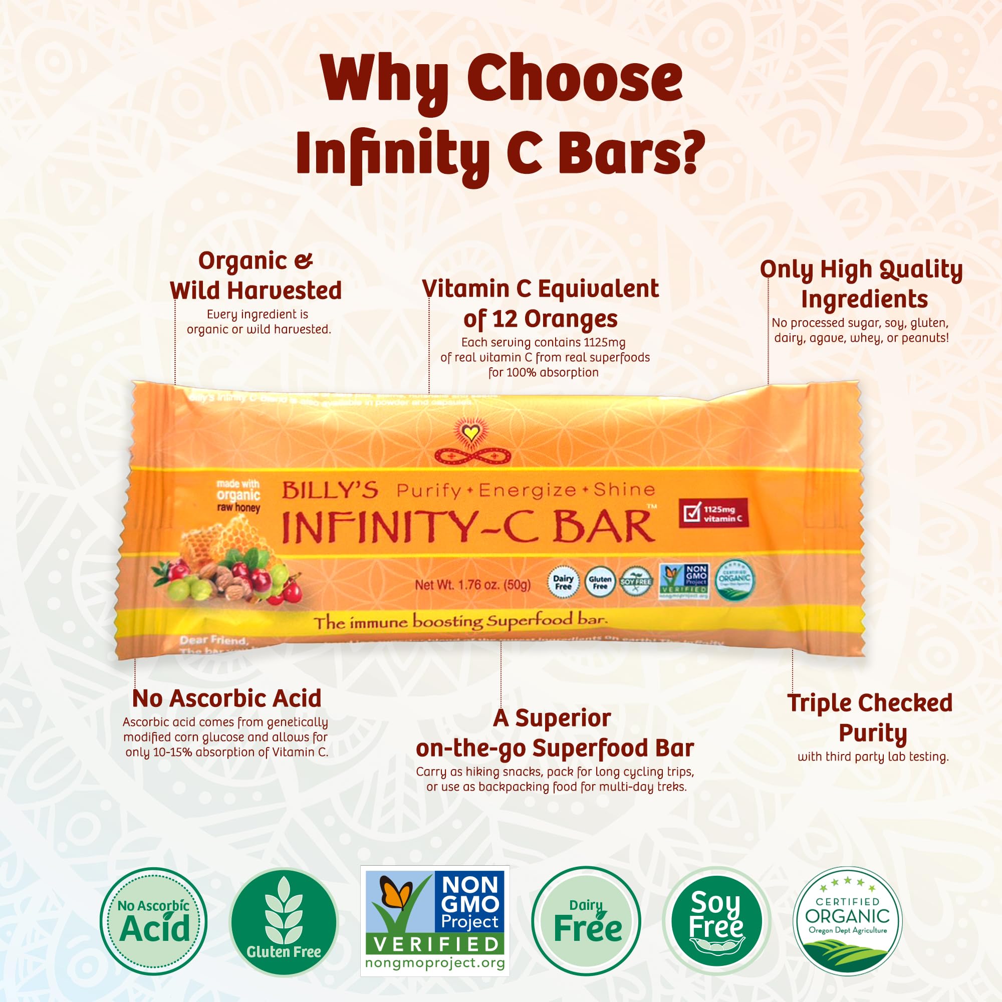 Infinity C bars' chewy texture with almonds and cranberries invites a satisfying snack