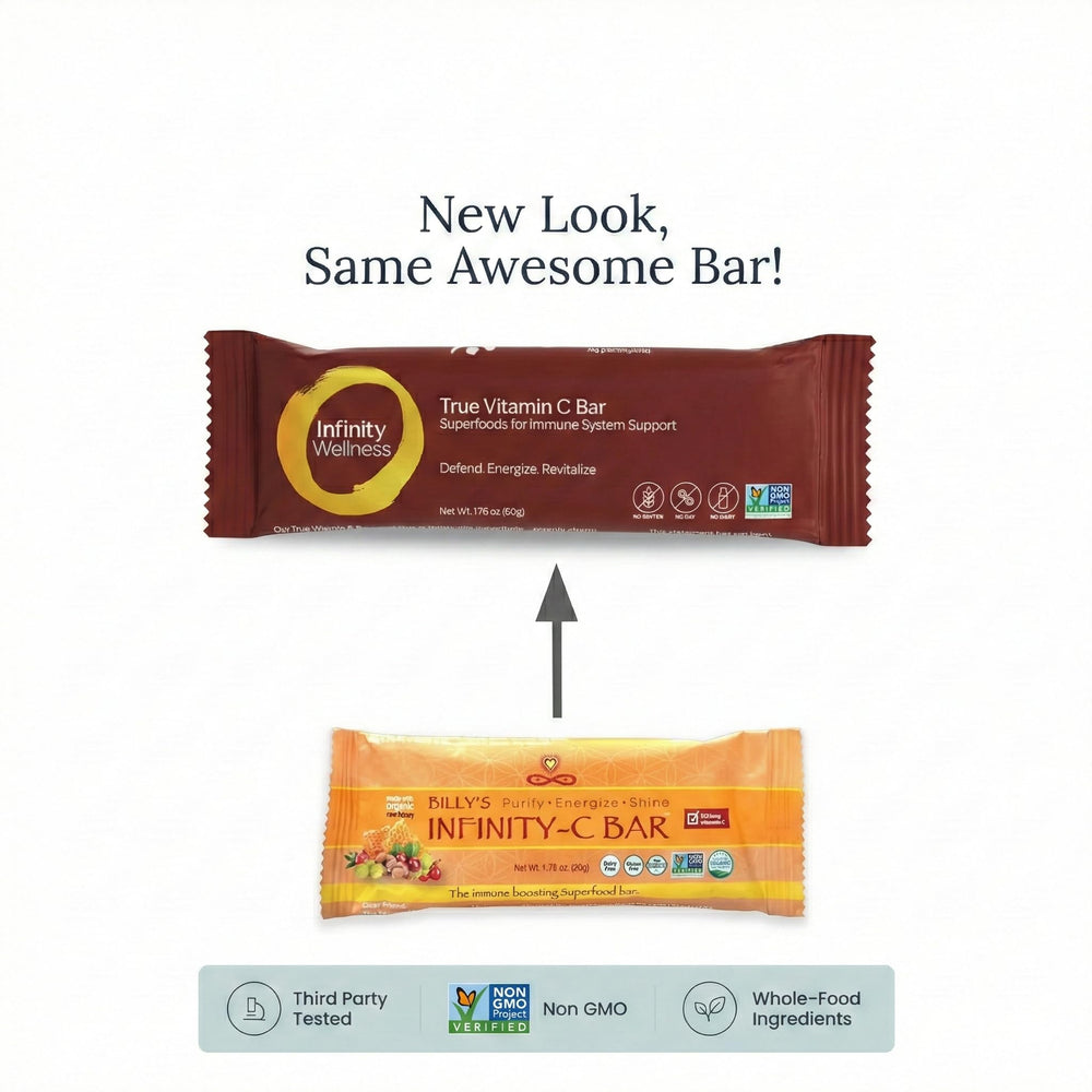 Infinity C bars ingredients close-up with Camu Camu and Amla berries for natural nutrition