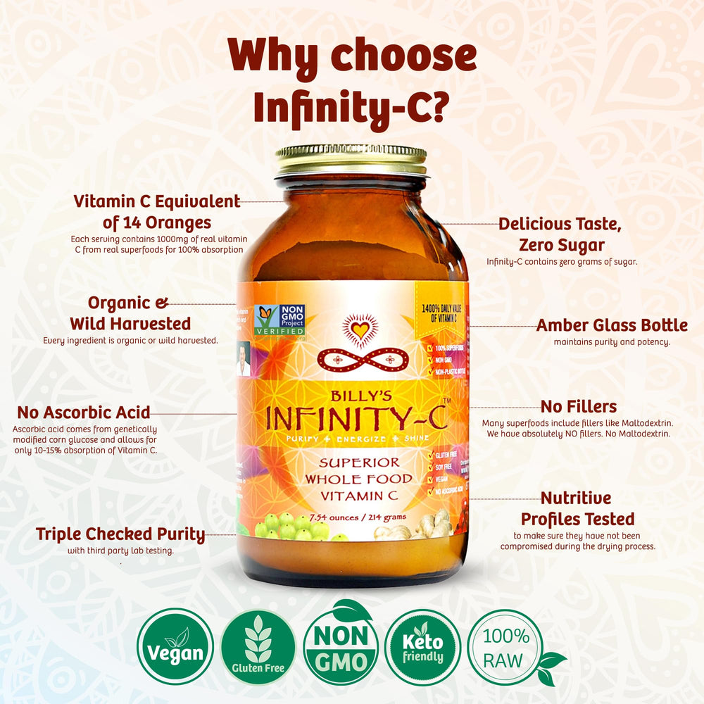 Infinity Greens Acerola-Camu-Amla powder; natural fruit-based vitamin C from real fruits.
