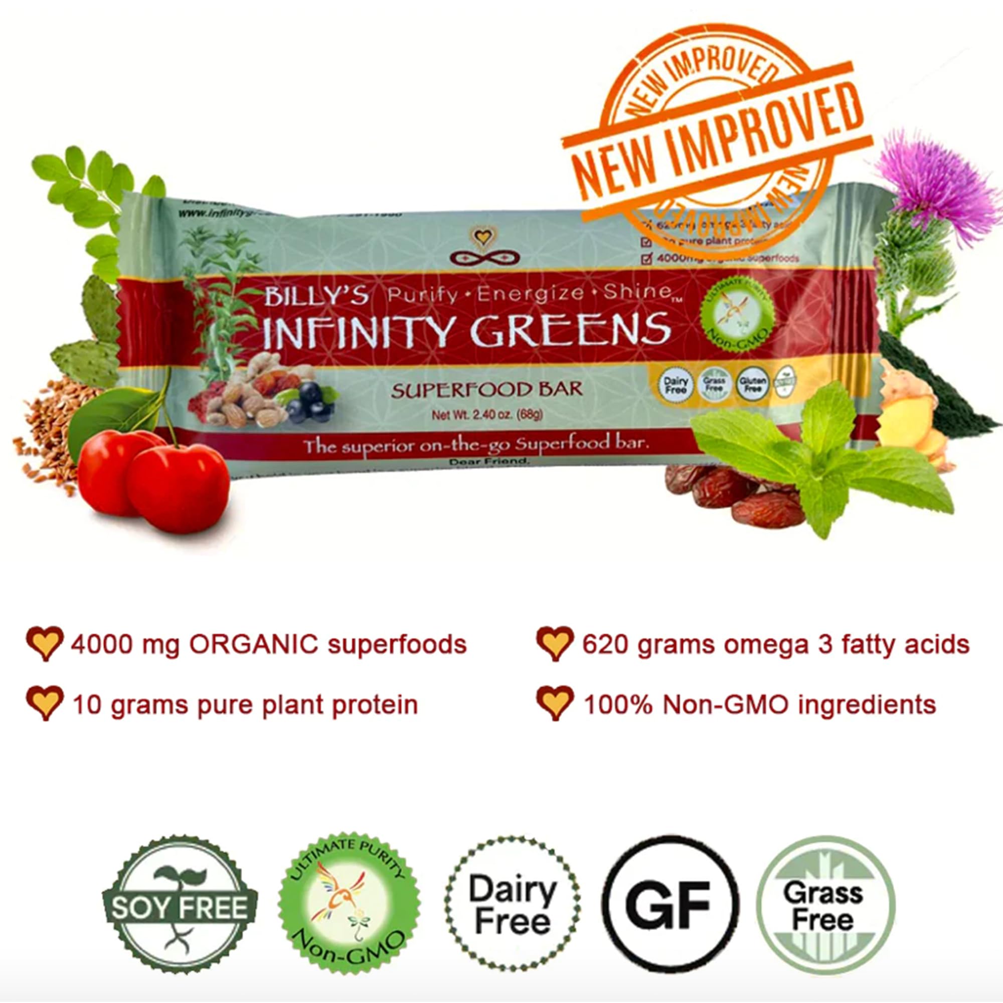 Infinity Greens bars gluten-free organic ingredients visible in the product.