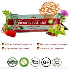 Infinity Greens bars gluten-free organic ingredients visible in the product.