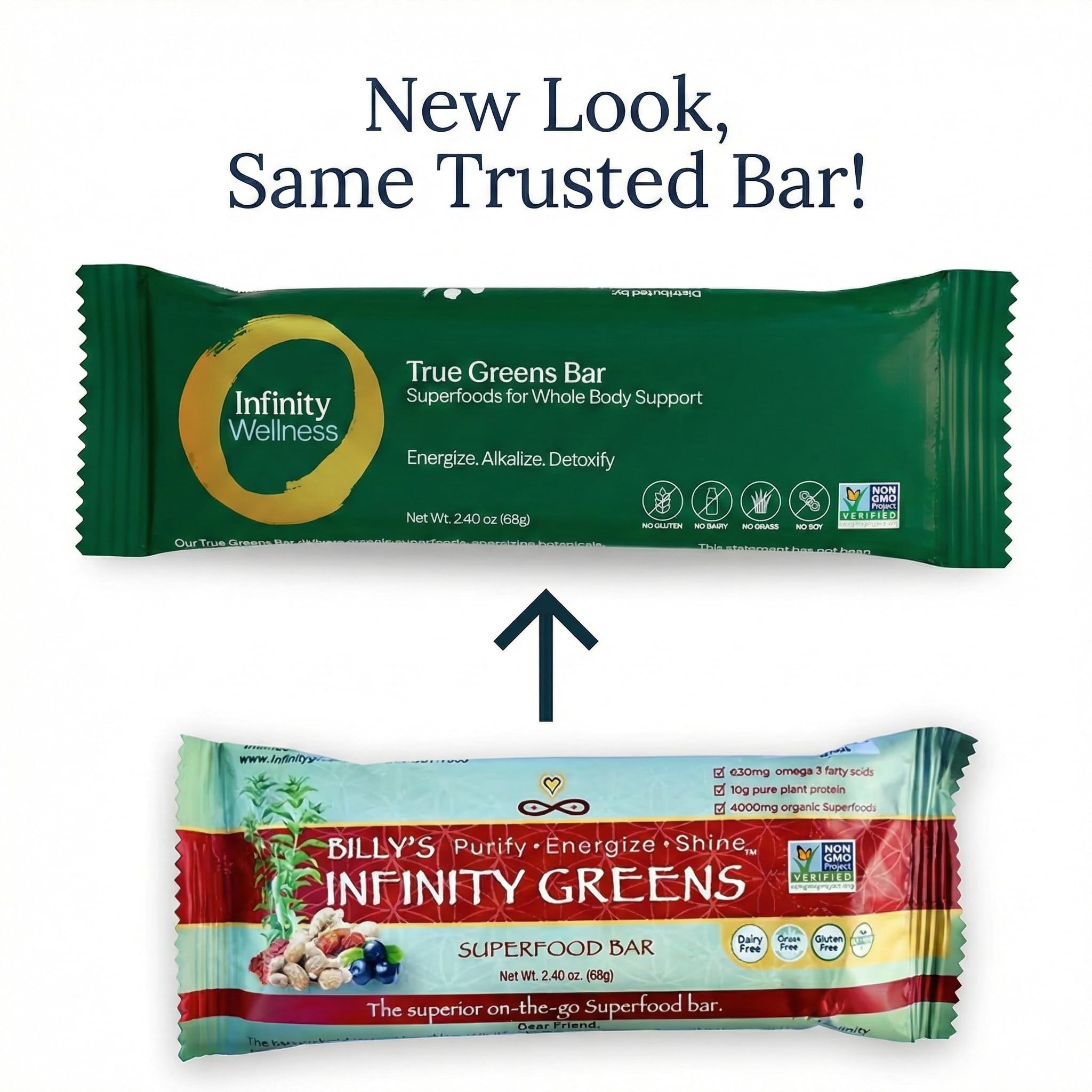 Infinity Greens bars ingredients close-up highlighting 28 organic superfoods.