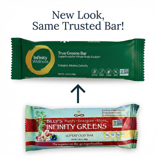 Infinity Greens bars ingredients close-up highlighting 28 organic superfoods.
