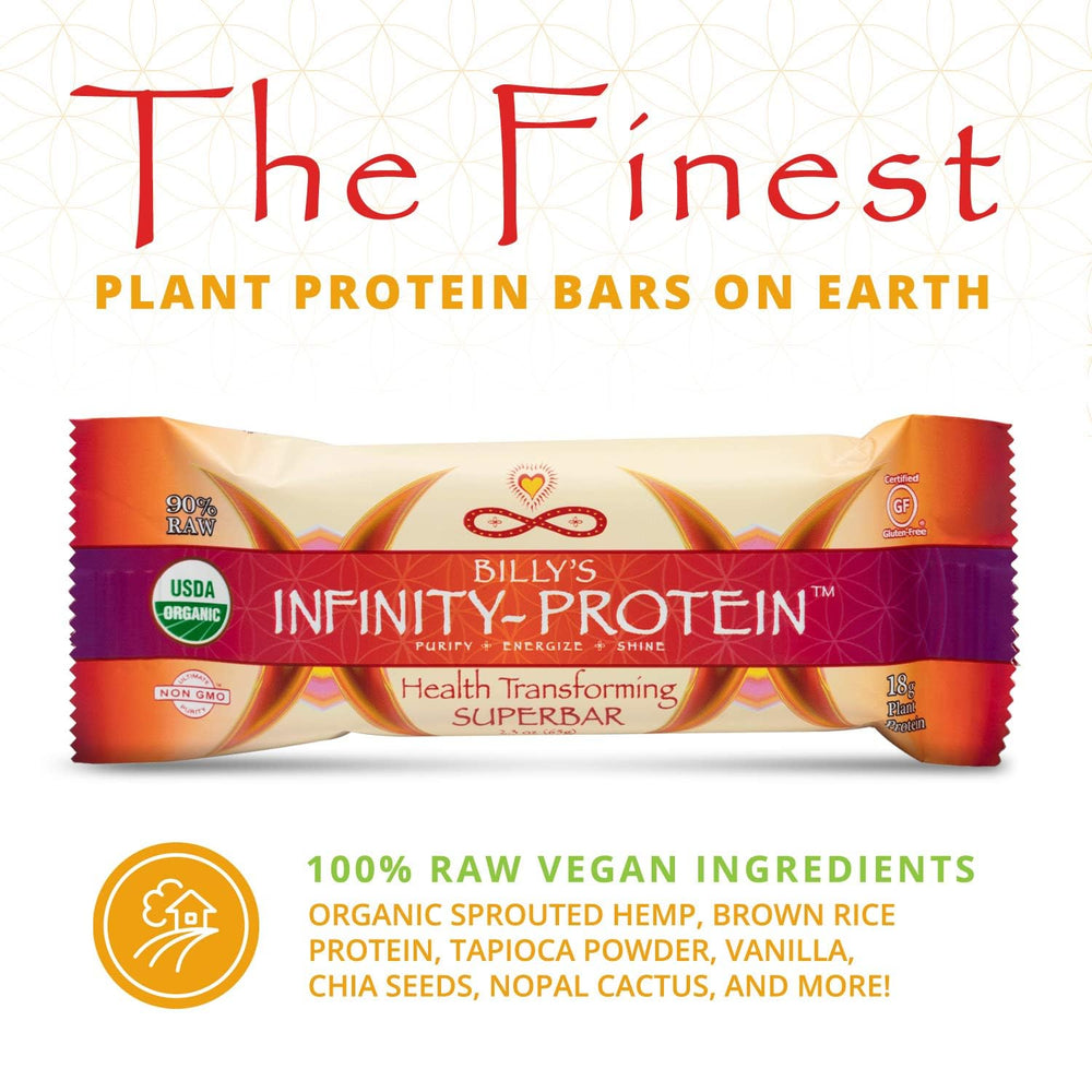 Infinity Greens Billy's Infinity bar close-up ingredients emphasize raw nutrient-dense components