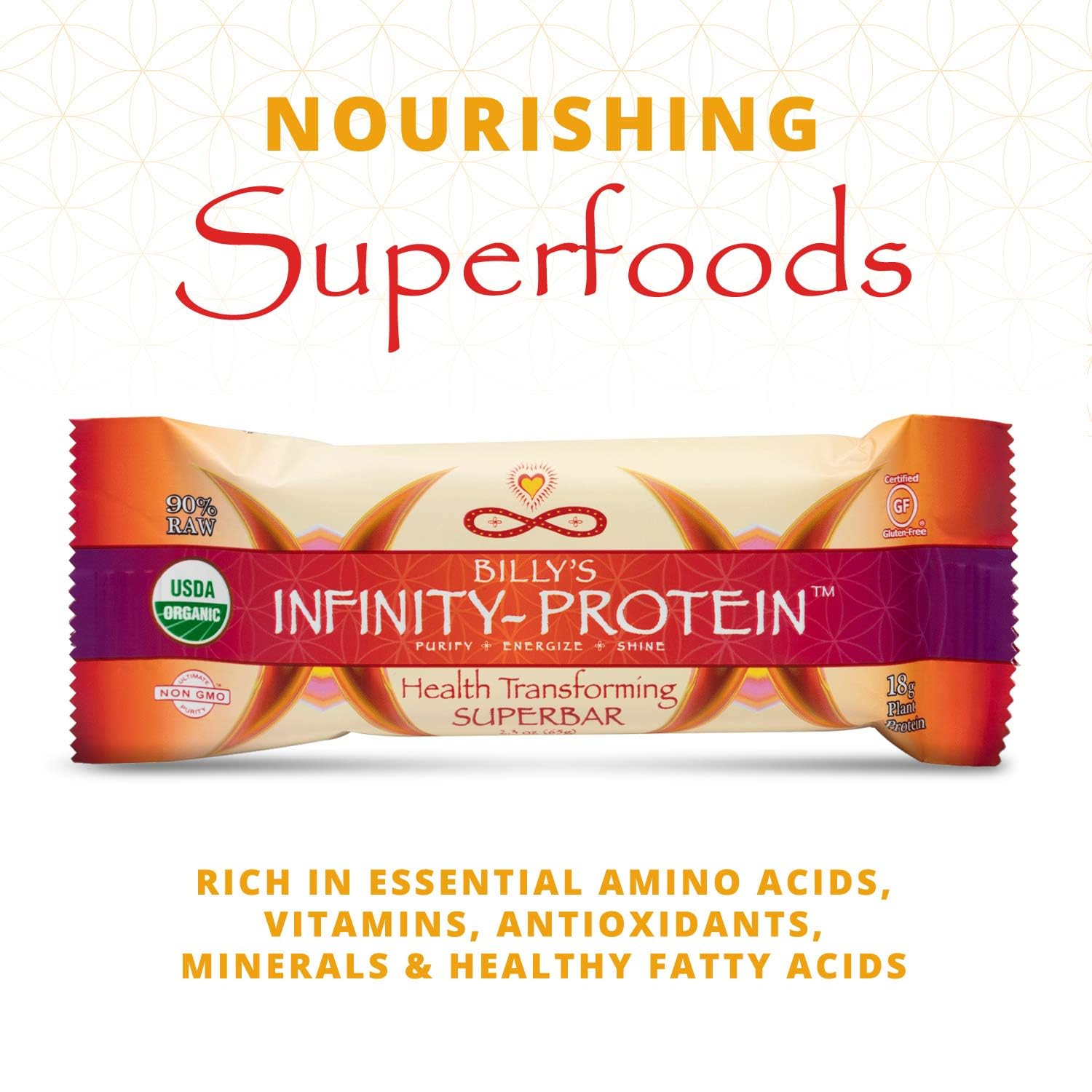 Infinity Greens Billy's Infinity bar gluten-free label communicates allergen-friendly snack