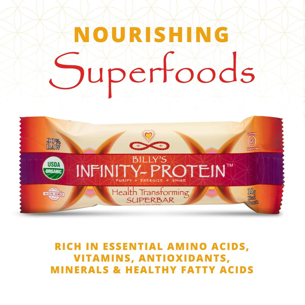 Infinity Greens Billy's Infinity bar gluten-free label communicates allergen-friendly snack