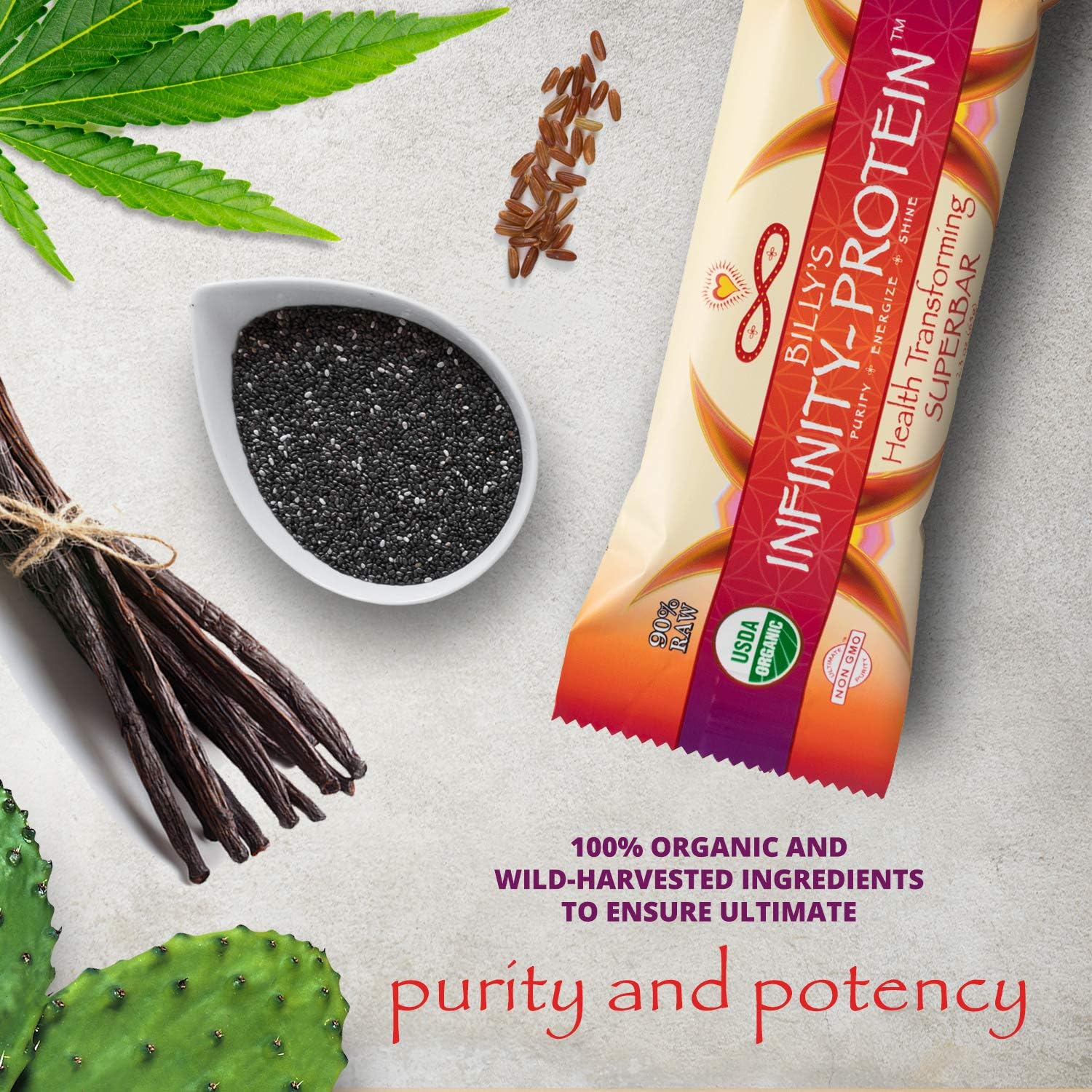 Infinity Greens Billy's Infinity bar organic symbol underscores clean ingredients