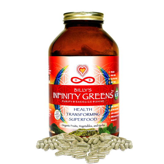 Infinity Greens bottle-front showcasing clean design for daily energy support