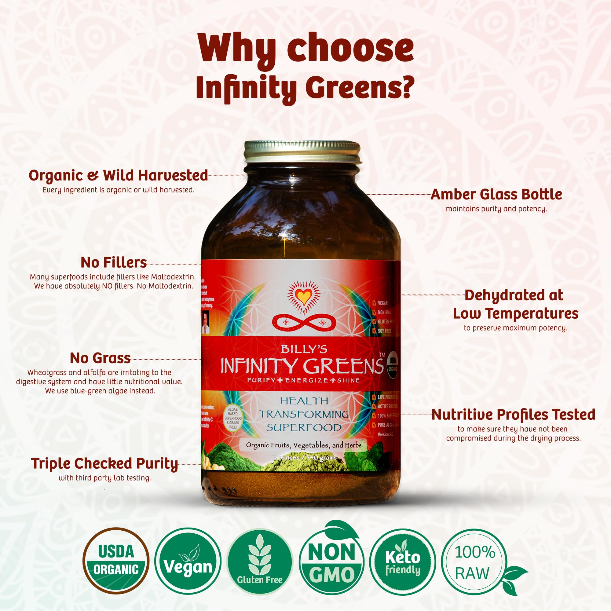 Infinity Greens glass jar on shelf signals sustainable packaging.