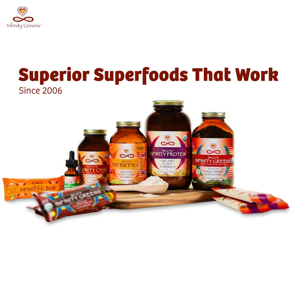 Infinity Greens Infinity-C amber packaging helps preserve potency.