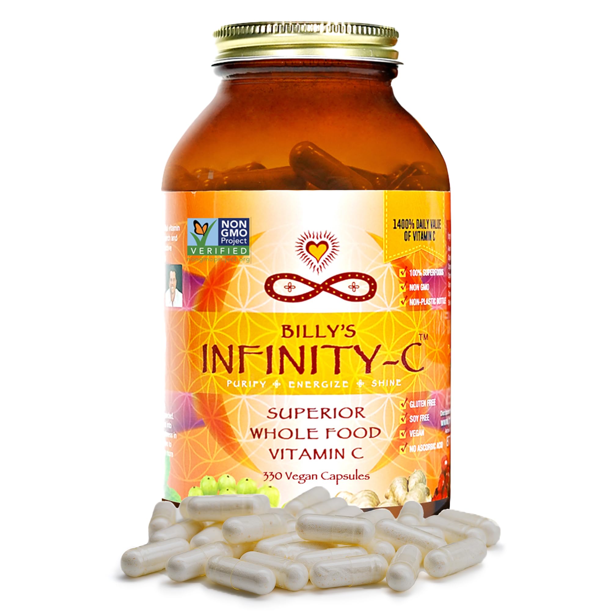 Infinity Greens Infinity-C bottle shows plant-based vitamin C from Camu Camu, Acerola, and Amla.