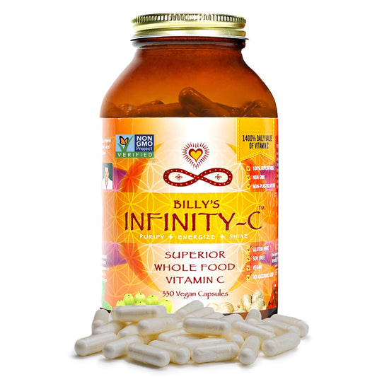 Infinity Greens Infinity-C bottle shows plant-based vitamin C from Camu Camu, Acerola, and Amla.