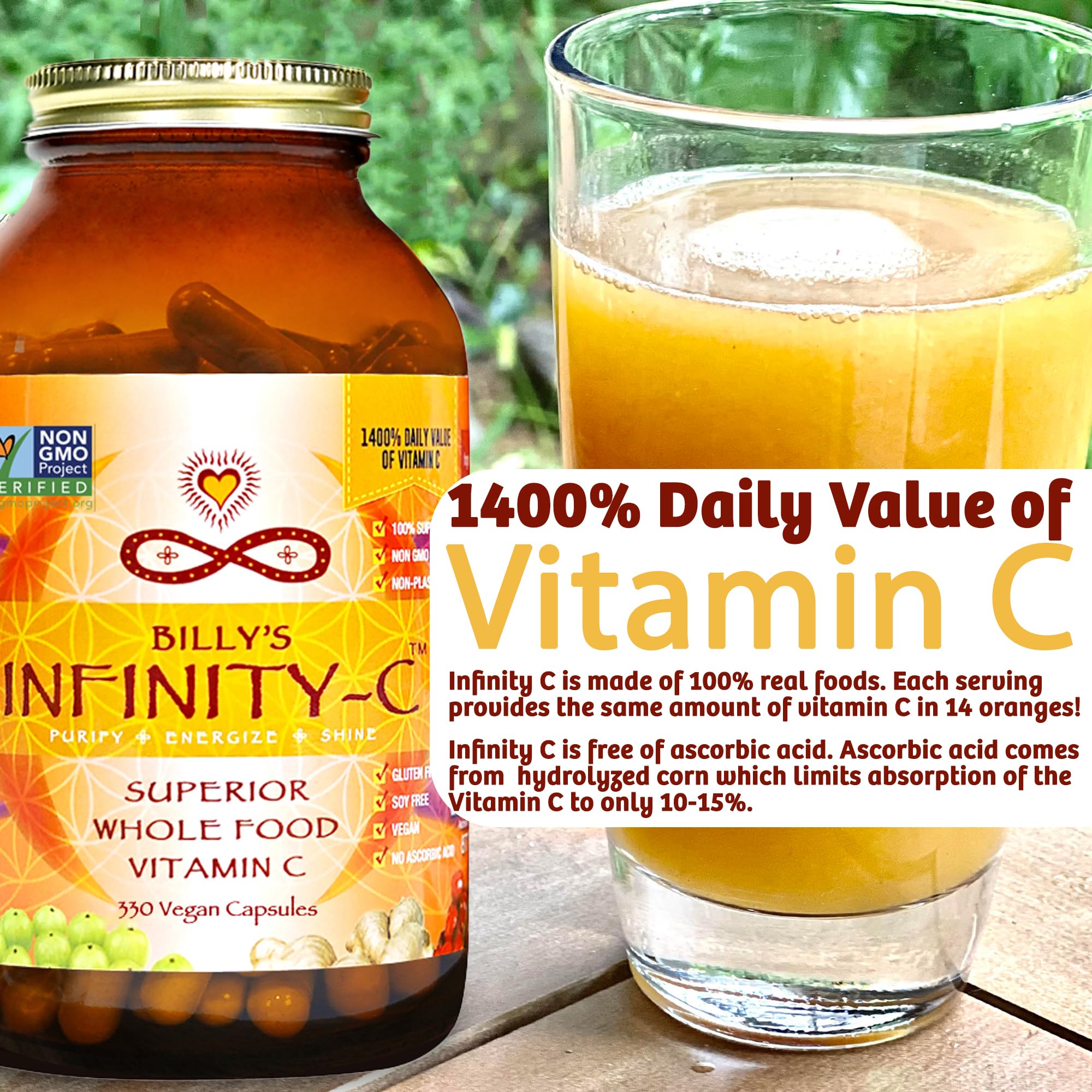 Infinity Greens Infinity-C capsules being poured for easy daily use and immune support.